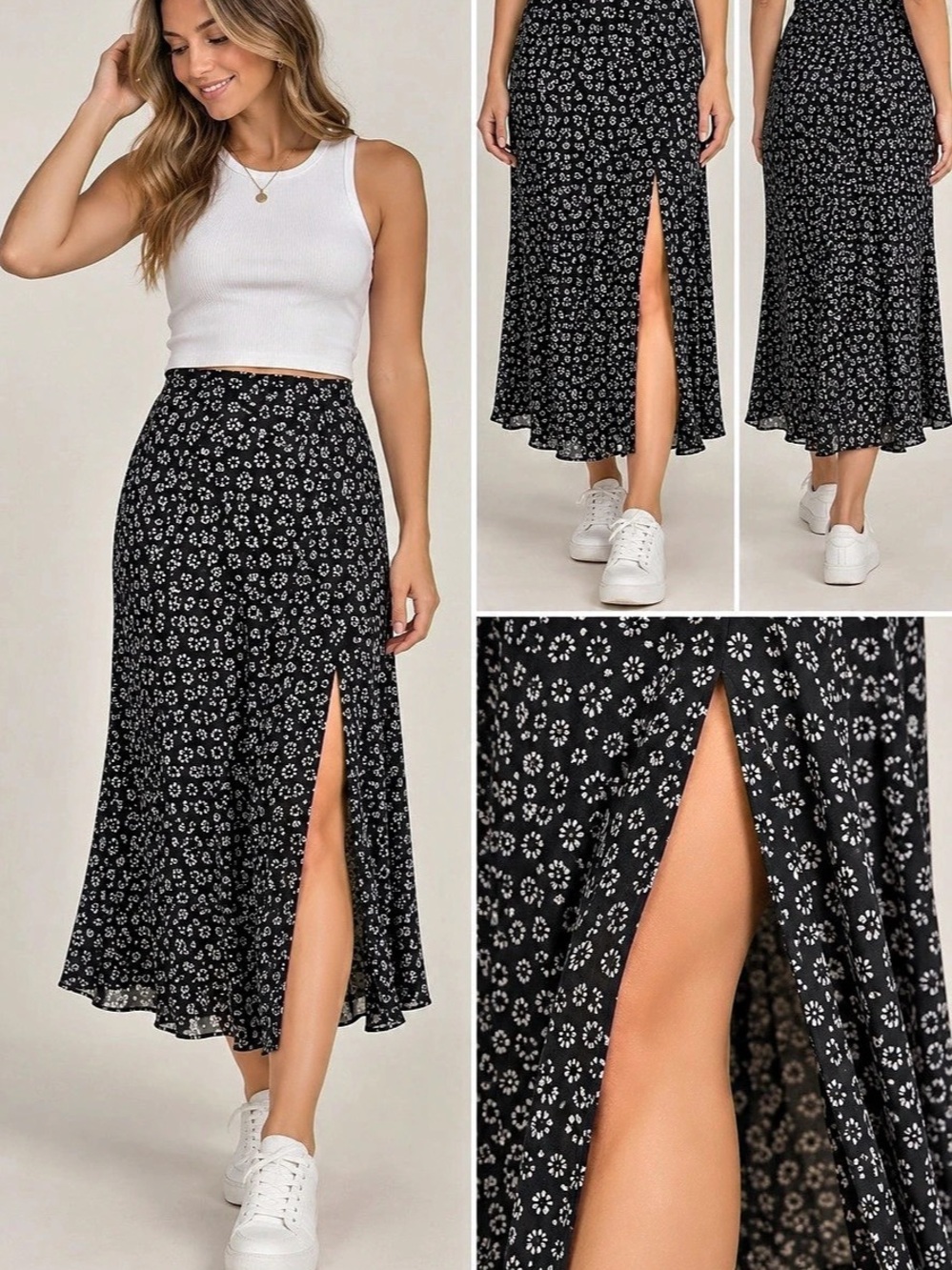 SHEIN Mod Ditsy Floral Print Split Thigh Midi Skirt Maxi Skirt Black & White